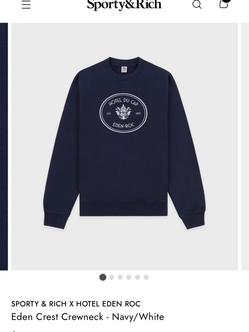 NWOT Sporty & Rich Eden Crest Sweatshirt in Navy with White Logo